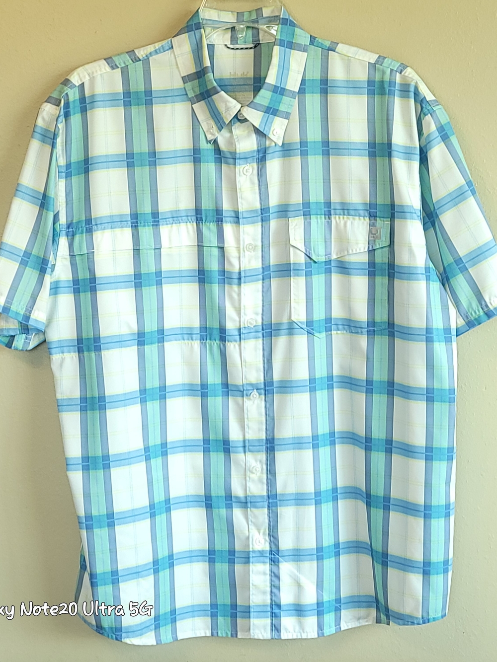 Huk Tide Point Plaid Short Sleeve Fishing Shirt Men's XL Aqua Vented H1500202